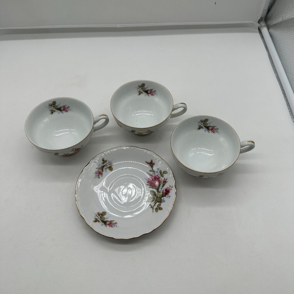 Set of 3 + 1 Vintage Grantcrest Royal Rose Footed Cups Mugs & Saucer